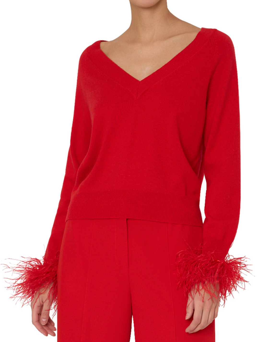 Feather Cuff V-Neck Sweater