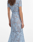 Blue Lace Tie Neck Midi Dress