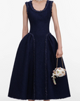 Navy Boucle Midi Dress