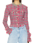 Red Check Frayed Knit Jacket
