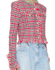 Red Check Frayed Knit Jacket