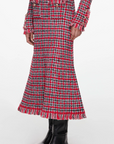 Red Check Frayed Knit Midi Skirt