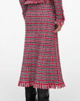 Red Check Frayed Knit Midi Skirt
