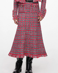 Red Check Frayed Knit Midi Skirt