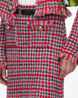 Red Check Frayed Knit Midi Skirt