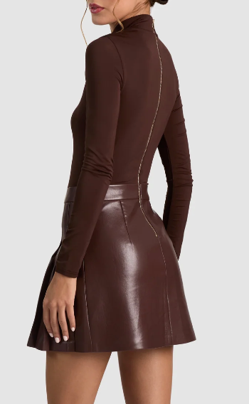 Chara Long Sleeve Mock Neck Vegan Mini Pleated Dress