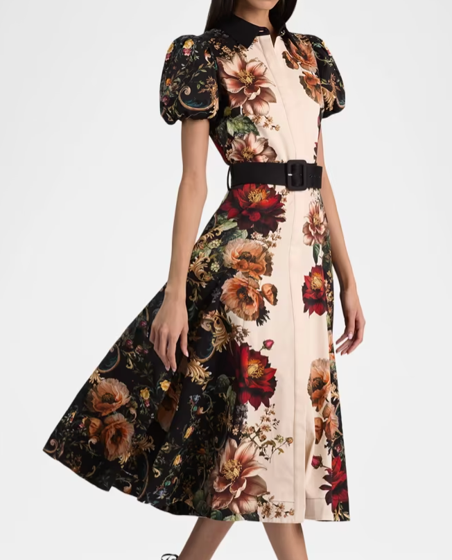 Henrietta Fitted Full Flare Midi Dress w Belt