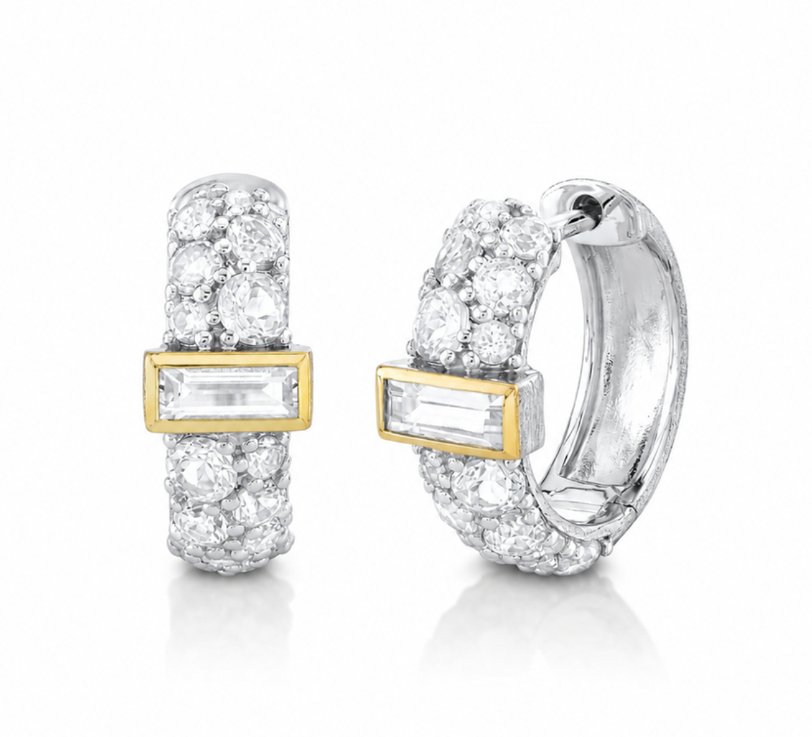 Sterling Silver Pave White Topaz Huggies With White Topaz Baguettes