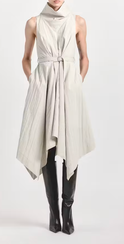 Indie Crinkle Cotton Nylon Blend Cowl Neck Belted Asymmetric Hem Dress