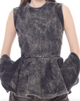 Acid Wash Round Neck Peplum Top