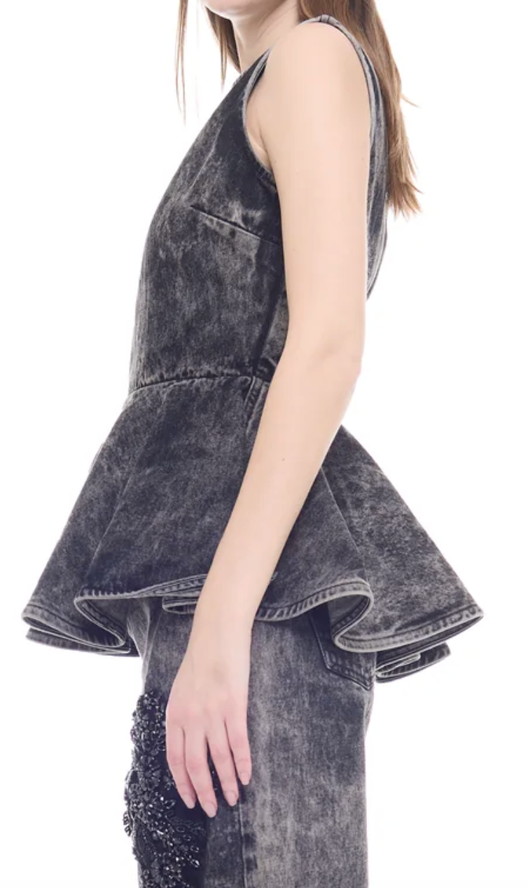 Acid Wash Round Neck Peplum Top