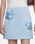 Blue Satin 3D Sequin Flower Mini Skirt
