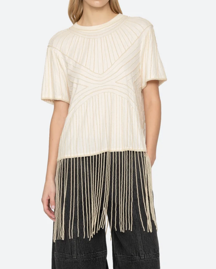 Carlotta Embellished Short Sleeve Fringe Top